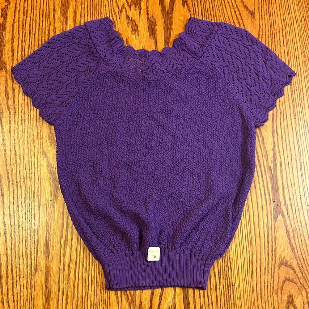 NWT Adele Vintage Purple Short Sleeve Pointelle Knit Sweater Size Medium